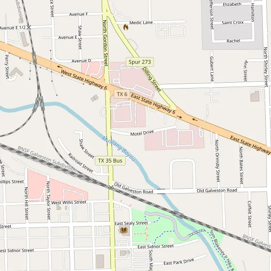 Street map of Alvin, Texas, with the pin on Motel Drive just south of State Highway 6